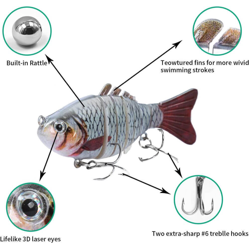 15cm (6in) Jointed Fishing Lure – 4 Segments Trout Swimbait, 35.8g, Treble Hooks
