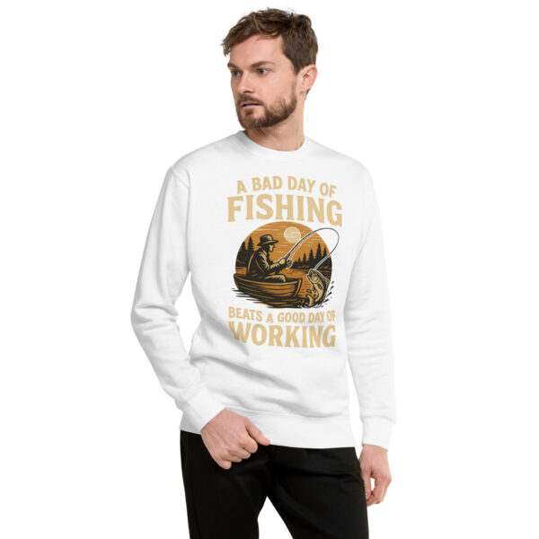 unisex-premium-sweatshirt-white-front-68fdfa88d3a77.jpg Retro Fisherman Premium Sweatshirt – A Bad Day of Fishing Beats Working