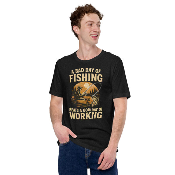 unisex-staple-t-shirt-black-heather-front-68fdf658d0413.jpg Retro Fisherman Graphic Tee – A Bad Day of Fishing Beats Working