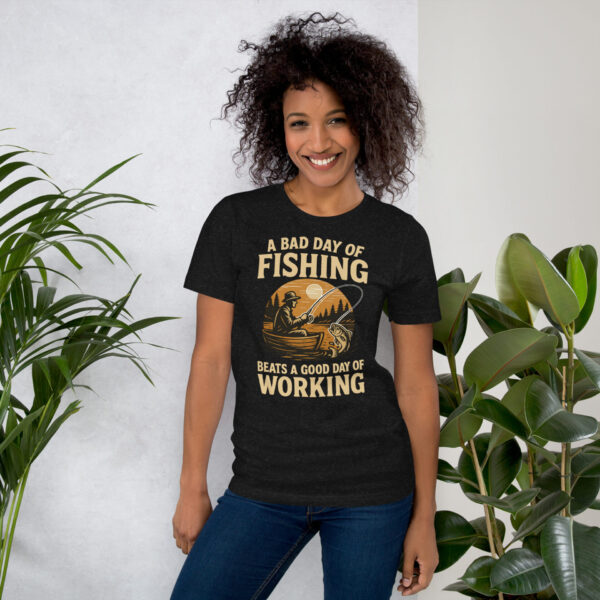 unisex-staple-t-shirt-black-heather-front-68fdf658d2712.jpg Retro Fisherman Graphic Tee – A Bad Day of Fishing Beats Working