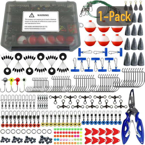 270Pcs Fishing Accessories Kit-1-pack 270Pcs Complete Fishing Tackle Kit with Hooks, Sinkers, Jigs & Pliers for Bass and Trout