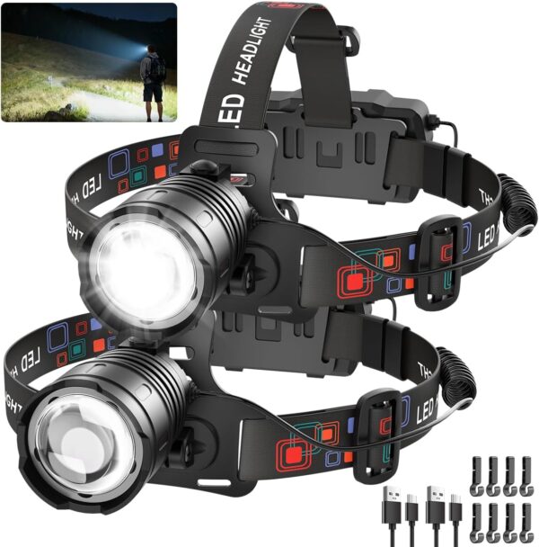 High-Lumen LED Headlamp, Rechargeable 90° Adjustable Zoom Light (2-Pack)